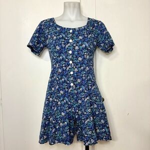 Vintage 90s Energie Blue Floral Button Up Short Sleeve Cotton Romper